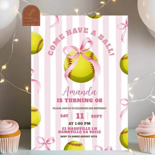 Bow Girl Softball Birthday Game time Invitation (Creator Uploaded)