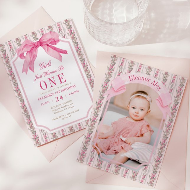 Bow Girls Just Wanna Be One 1st Birthday Photo Invitation (Creator Uploaded)