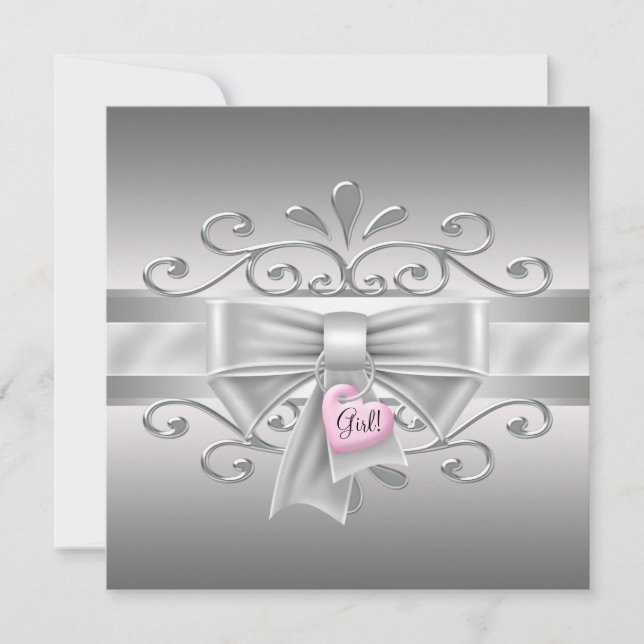 Bow Heart Charm Pink Silver Baby Girl Shower Invitation (Front)