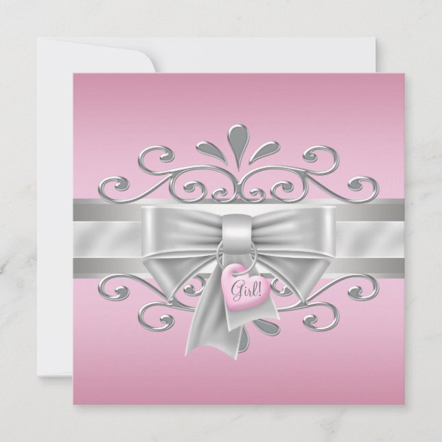 Bow Heart Charm Pink Silver Baby Girl Shower Invitation (Front)