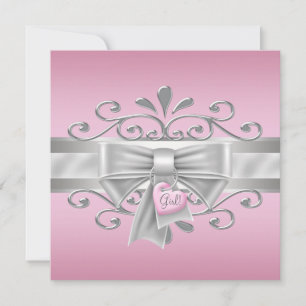 Bow Heart Charm Pink Silver Baby Girl Shower Invitation