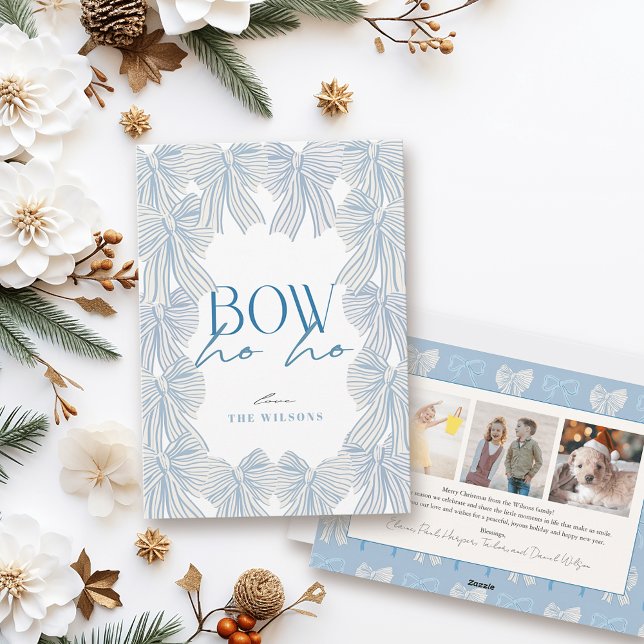 Bow Ho Ho Blue Bows 3 Photo Christmas Holiday Card (Creator Uploaded)
