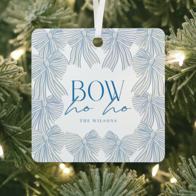 Bow Ho Ho Blue Bows Photo Christmas Holiday Metal Tree Decoration (Insitu)