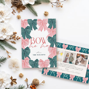 Bow Ho Ho Red & Green Bows 3 Photo Christmas Holiday Card