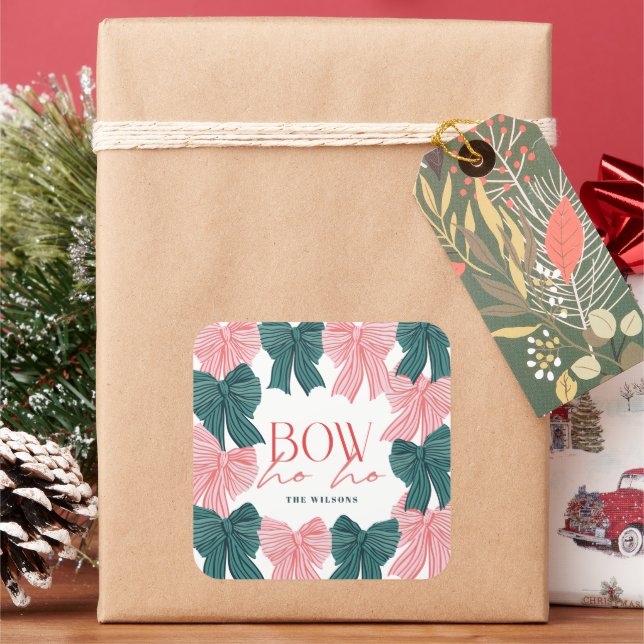 Bow Ho Ho Red & Green Bows Christmas Holiday Square Sticker (Holiday)