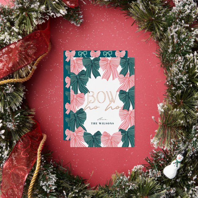 Bow Ho Ho Red & Green Bows Photo Christmas Foil Holiday Card (Insitu)