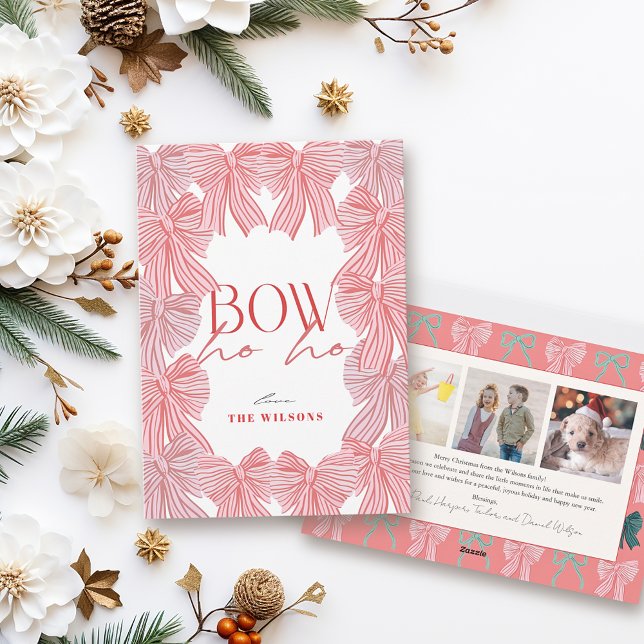Bow Ho Ho Red & Pink Bows 3 Photo Christmas Holiday Card (Creator Uploaded)