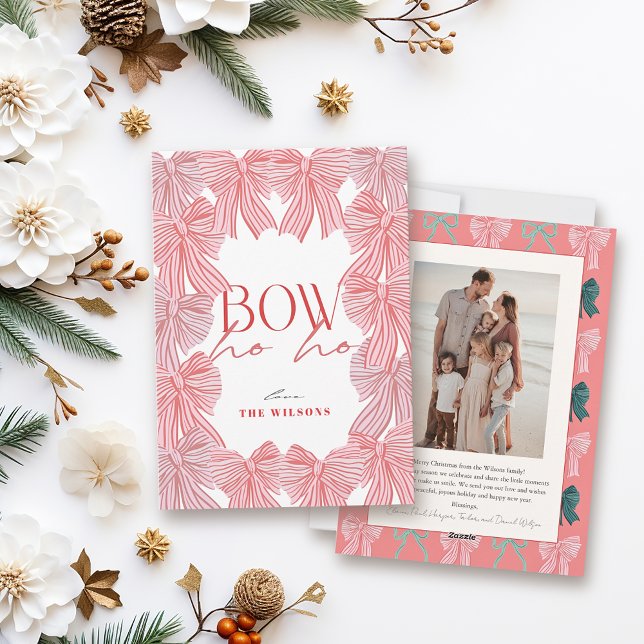 Bow Ho Ho Red & Pink Bows Photo Christmas Holiday Card (Creator Uploaded)