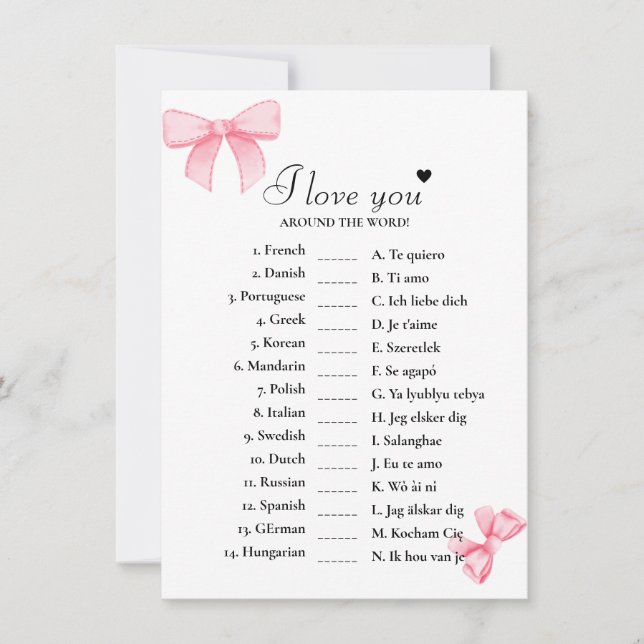 Bow I love you around the world bridal game Card (Front)