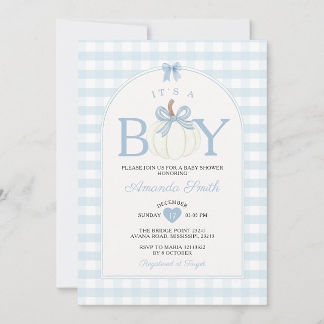 Bow It's A Boy Pumpkin Baby Shower Blue Gingham Invitation (Front)