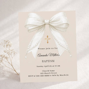 Bow Ivory Beige Pearls Girl Baptism Invitation