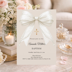 Bow Ivory Beige Pearls Girl Elegant Baptism Invitation