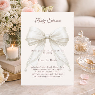 Bow ivory cream pearls elegant neutral Baby Shower Invitation