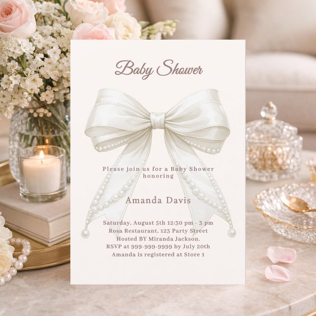 Bow ivory cream pearls elegant neutral Baby Shower Invitation (Creator Uploaded)