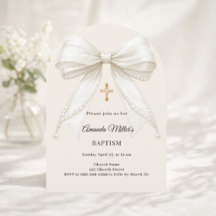 Bow Ivory Cream Pearls Girl Elegant Baptism Arch Invitation