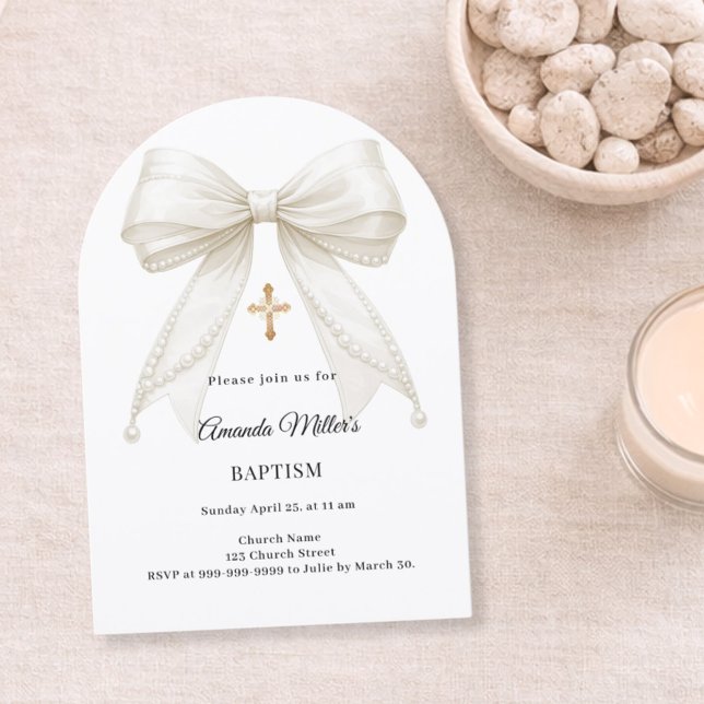 Bow Ivory Pearls Girl Elegant Arch Baptism Invitation (Creator Uploaded)