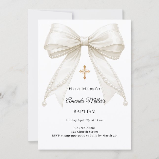 Bow Ivory Pearls Girl Elegant Baptism Invitation (Front)
