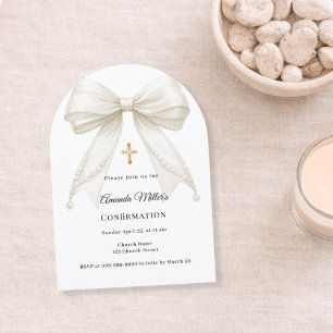 Bow ivory pearls girl elegant Confirmation Arch Invitation