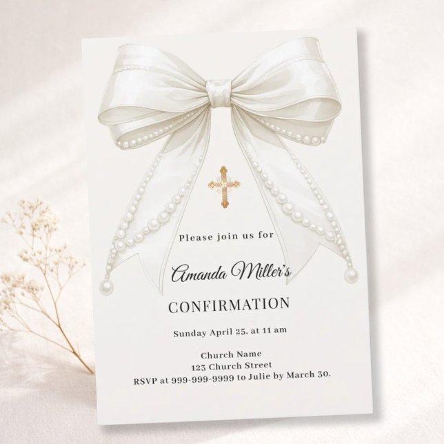 Bow ivory pearls girl elegant Confirmation Invitation (Creator Uploaded)