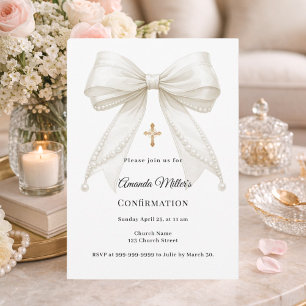 Bow ivory pearls girl elegant Confirmation Invitation