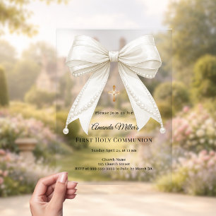 Bow ivory pearls girl elegant First Communion Acrylic Invitations