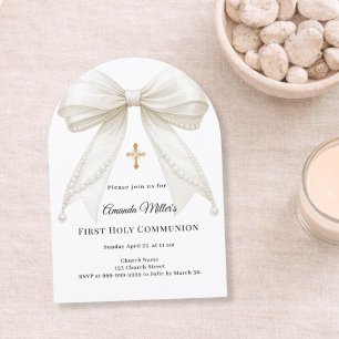 Bow ivory pearls girl elegant First Communion Arch Invitation