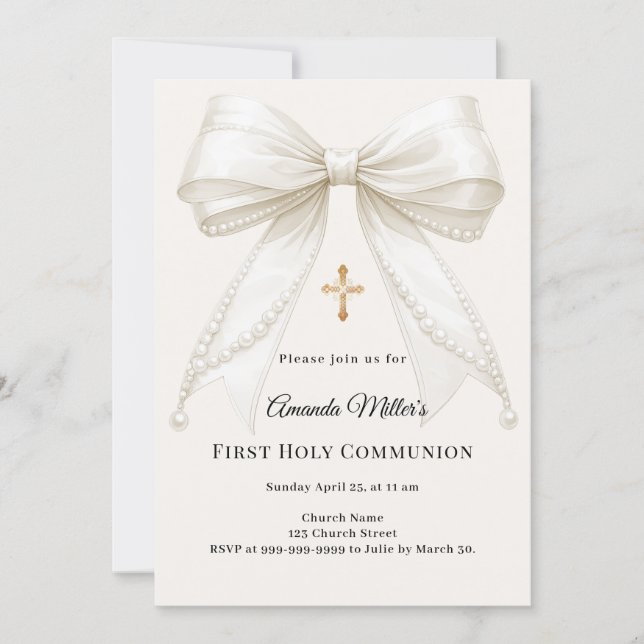 Bow ivory pearls girl elegant First Communion Invitation (Front)