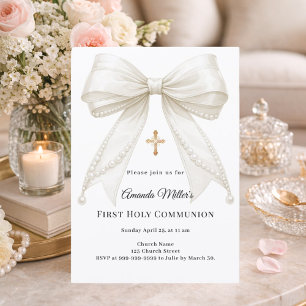 Bow ivory pearls girl elegant First Communion Invitation