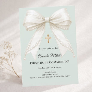 Bow ivory pearls girl sage green First Communion Invitation