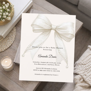 Bow ivory pearls luxury Baby Shower invitation