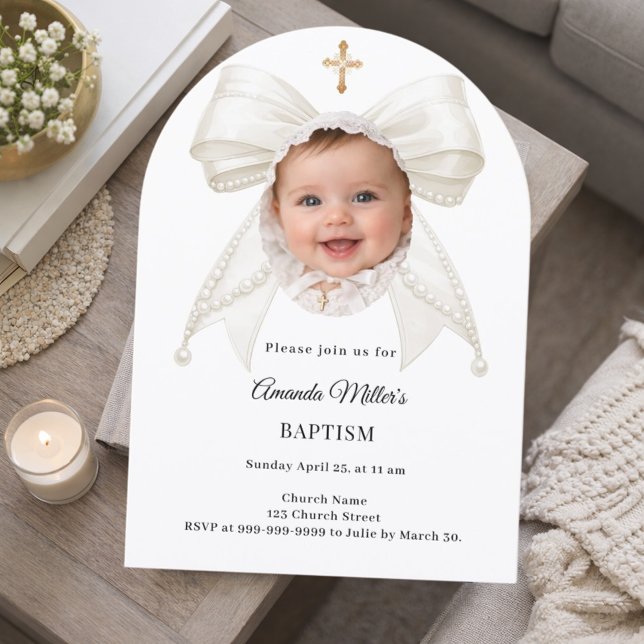 Bow Ivory Pearls Photo Girl Elegant Baptism Arch Invitation (Creator Uploaded)