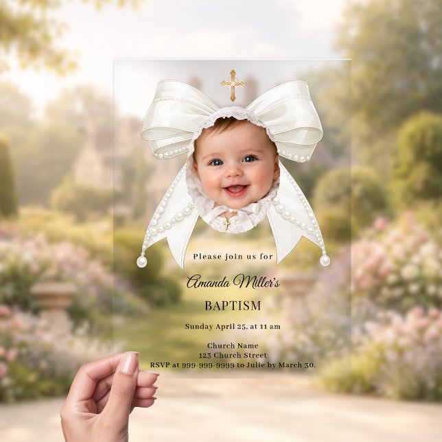 Bow Ivory Pearls Photo Girl luxury Baptism Acrylic Invitations (Creator Uploaded)