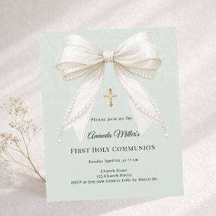 Bow ivory pearls sage First Communion invitation