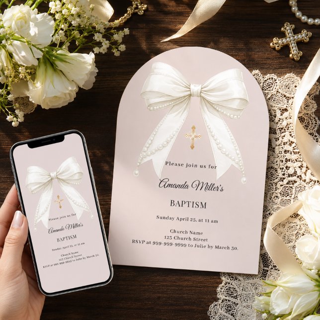 Bow ivory taupe pearls arch Baptism Invitation (Creator Uploaded)