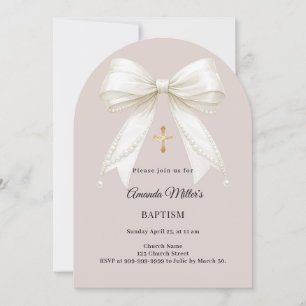 Bow ivory taupe pearls arch Baptism Invitation