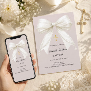 Bow ivory taupe pink pearls Baptism Invitation