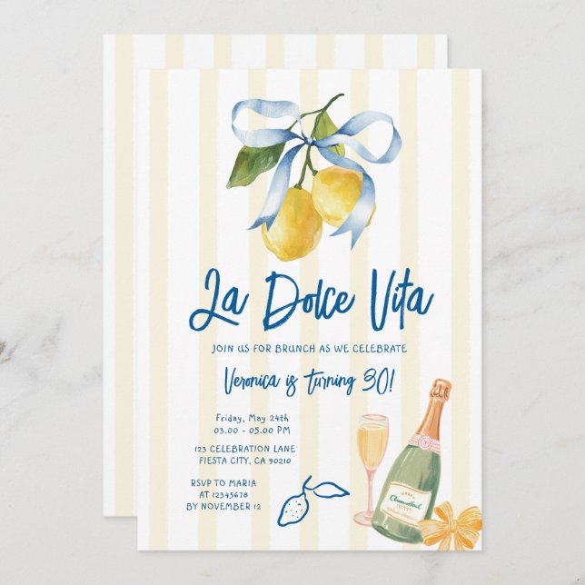 Bow La Dolce Vita 30th Lemon Citrus Birthday Party Invitation (Front/Back)
