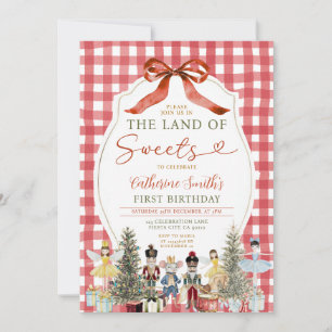 Bow Land of Sweets Birthday Nutcracker 1st Gingham Invitation