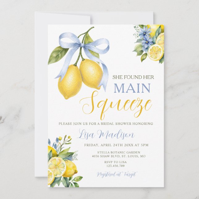 Bow Lemon She Found Her Main Squeeze Bridal Shower Invitation (Front)