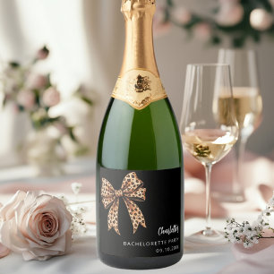 Bow leopard print black Bachelorette Party Sparkling Wine Label