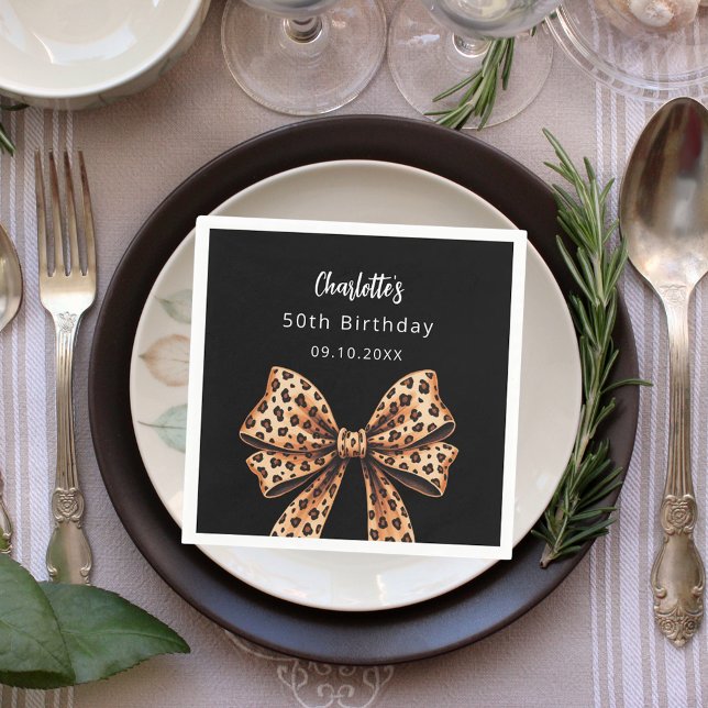 Bow leopard print black Birthday Napkin (Creator Uploaded)