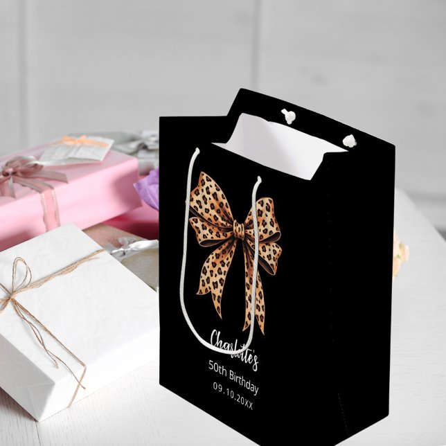Bow leopard print black Birthday Party Medium Gift Bag (Creator Uploaded)