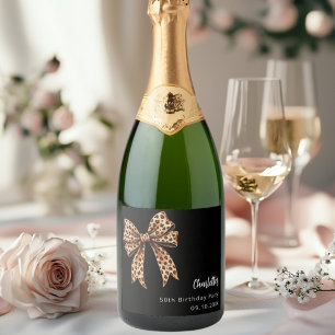 Bow leopard print black Birthday Party Sparkling Wine Label