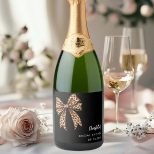 Bow leopard print black Bridal Shower Sparkling Wine Label