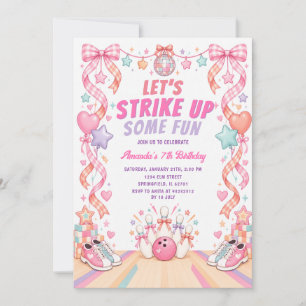Bow Let's Strike Up Pink Bowling Girls Birthday Invitation