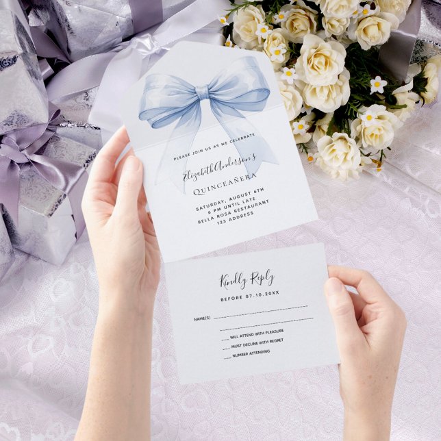 Bow light blue Quinceanera rsvp All In One Invitation (Creator Uploaded)