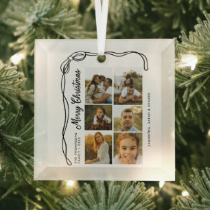 Bow Merry Christmas Family 6 Photos Glass Tree Decoration