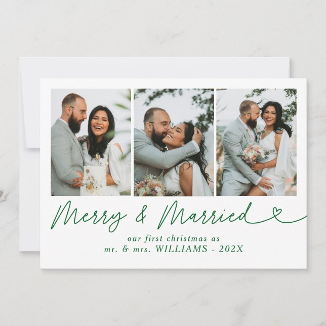 Bow Merry & Married Newlywed Photo Christmas  Holiday Card (Front)