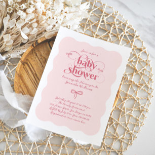 Bow Modern Minimalist Wavy Pink Girl Baby Shower Invitation