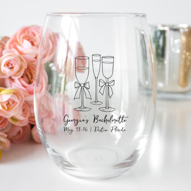 Bow Modern Script Bachelorette Party Personalised  Stemless Wine Glass (Creator Uploaded)